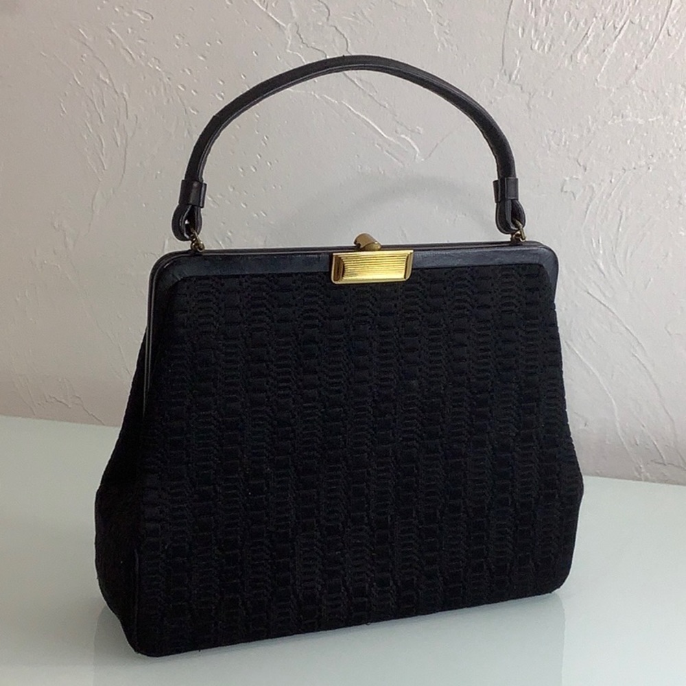 Vintage Crown Lewis Satchel Brocade & leather trim black purse size 11X4X9 EUC